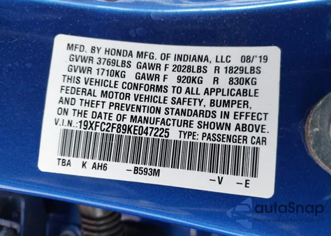 2019 Honda Civic Sport z USA, uszkodzony, nr VIN 19XFC2F89KE047225